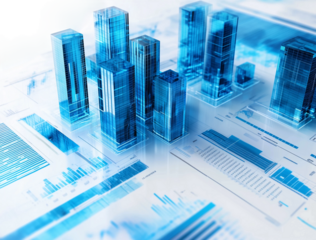 financial data, graphs and charts on white background with blue elements, glass buildings