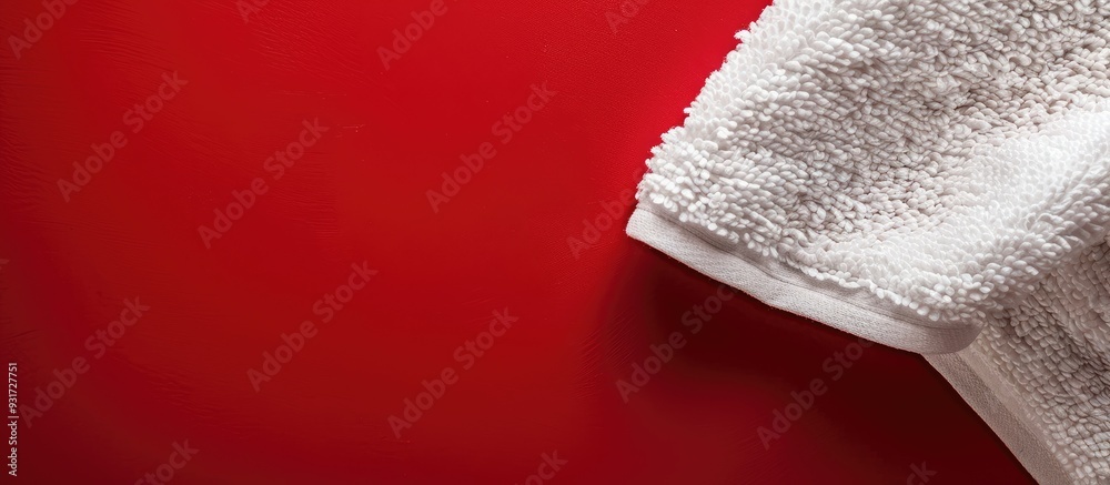 Poster white terry towel on a red background top view copy space close up