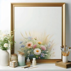 frame with flowers and table isolated on white background. 3D illustration.