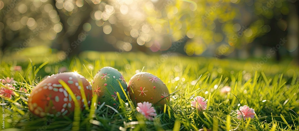 Poster Happy Easter day Easter eggs in a grass field with a green golden bokeh background featuring selective focus and a toned image. with copy space image. Place for adding text or design