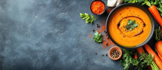 Healthy food and clean eating concept Creamy pumpkin and carrot soup made with seasonal spicy fall vegetables accompanied by ingredients on a table Copy space background