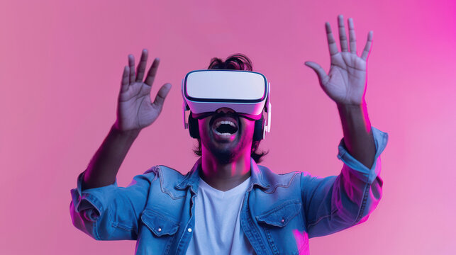 young indian man wearing virtual reality glasses