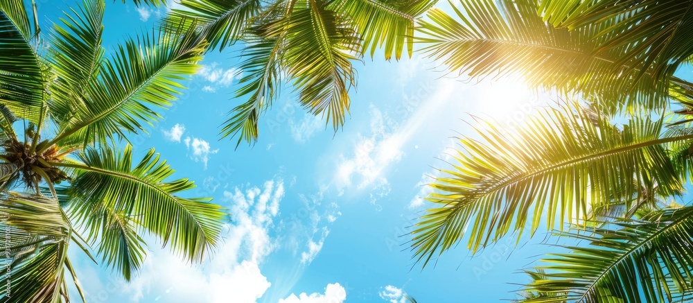 Aufkleber Coconut leaves set against a blue sky backdrop. with copy space image. Place for adding text or design