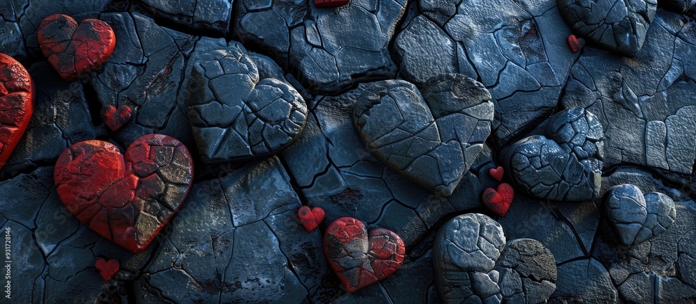 Poster hearts symbolizing valentine s day on a dark stone background. with copy space image. place for addi