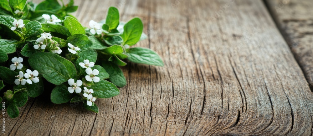 Poster fresh oregano blossoms leaves on aged wooden table close up. with copy space image. Place for adding text or design