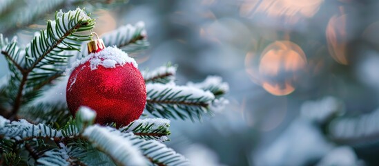 Shiny red round toys on delicate fluffy spruce green branches against a snowy background. with copy space image. Place for adding text or design