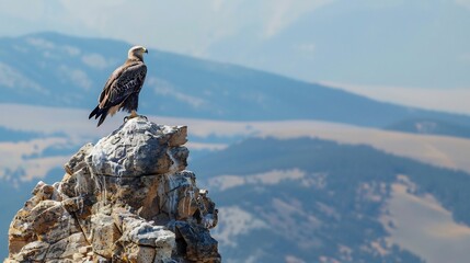 Eagle perched on a mountain peak its sharp eyes scanning the landscape below