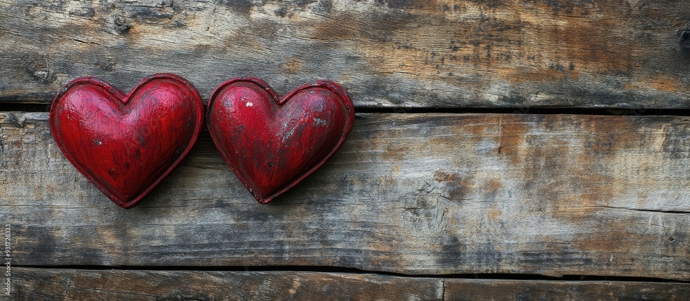 Poster Two red hearts against a wooden backdrop. with copy space image. Place for adding text or design