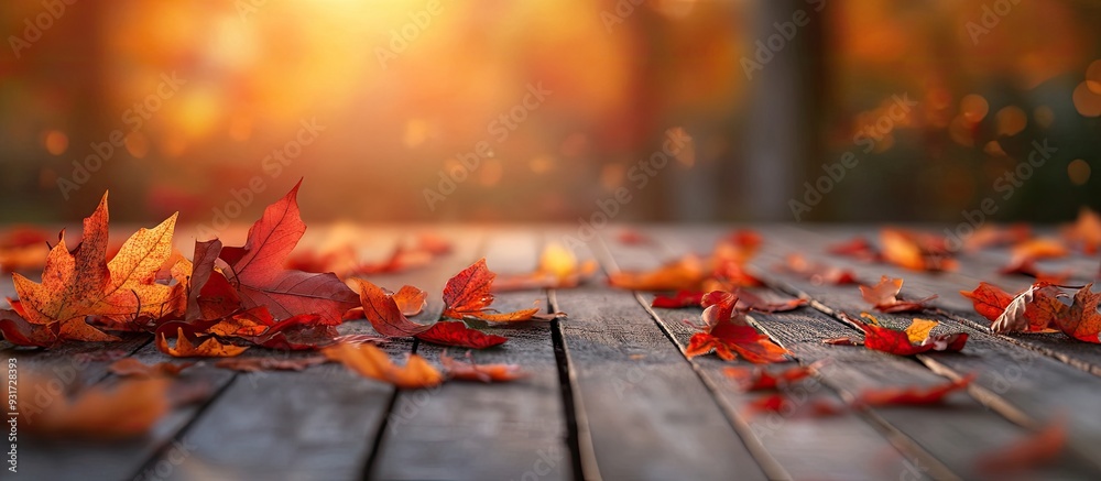 Poster autumn leaves on the wooden table blurred effect. with copy space image. place for adding text or de