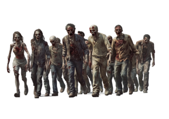 zombie group of different sizes and styles walking in the same direction isolated on transparent background