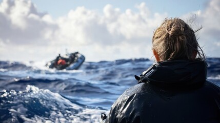 Naklejka premium Intently Watching the Inflatable Raft Deployment: Family Awaits Rescue of Sunken Ship Survivors with Hope and Anticipation in Turbulent Seas. 