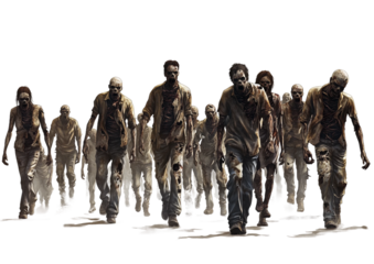 zombie group of different sizes and styles walking in the same direction isolated on transparent background