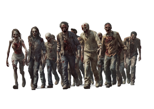 zombie group of different sizes and styles walking in the same direction isolated on transparent background - Powered by Adobe
