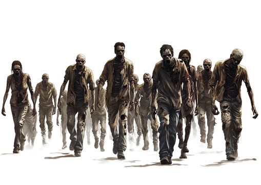 zombie group of different sizes and styles walking in the same direction isolated on transparent background