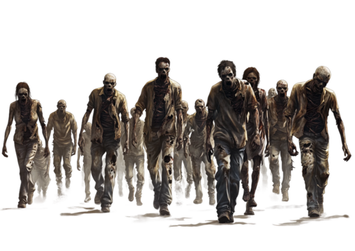 zombie group of different sizes and styles walking in the same direction isolated on transparent background