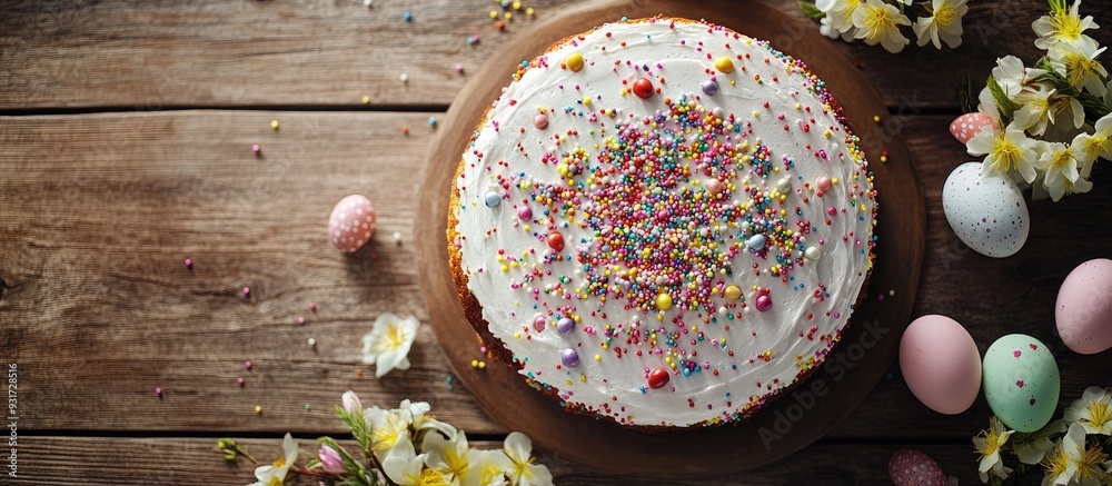 Aufkleber Easter cake topped with sprinkles decorated eggs and flowers on a wooden table flat lay view Area for text. with copy space image. Place for adding text or design