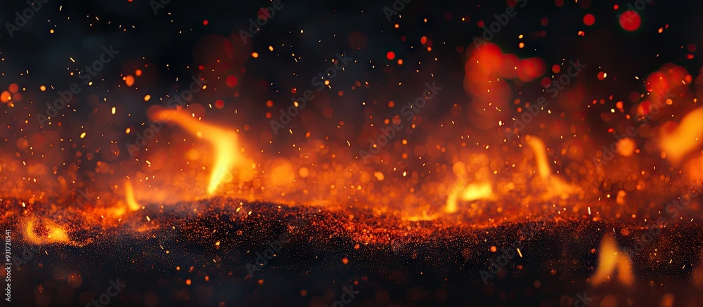 Poster fire flames on an abstract black background with burning red hot sparks rising and glowing orange pa