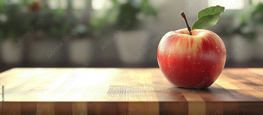 Aufkleber Close up of a fresh red apple on a wooden cutting board Focused selectively. with copy space image. Place for adding text or design