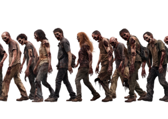zombie group of different sizes and styles walking in the same direction isolated on transparent background