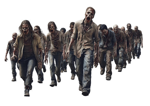 zombie group of different sizes and styles walking in the same direction isolated on transparent background