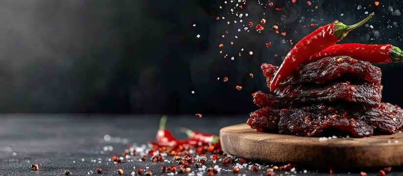 Dry beef jerky biltong with hot chili peppers and spices. with copy space image. Place for adding text or design