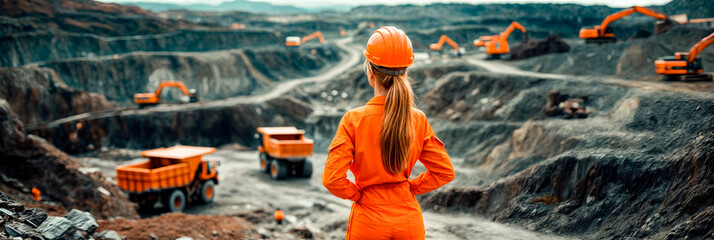 Young professional engineer at an open cast mining site wearing safety clothes looking out towards the equipment