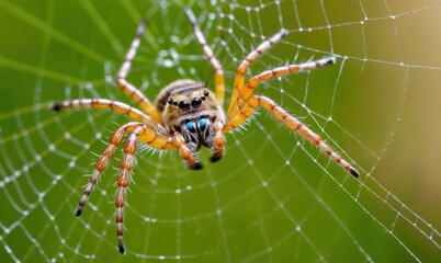 A detailed closeup view of a spider situated on its intricate web