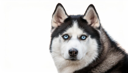 Obraz premium An isolated image of a majestic husky on a white background, with its thick fur and piercing blue eyes, perfect for pet-themed content or winter-related projects.