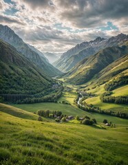 Obraz premium A valley with mountains, trees, and a river running through it