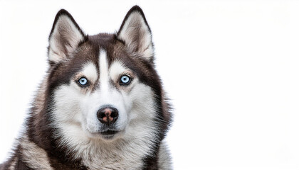 Obraz premium An isolated image of a majestic husky on a white background, with its thick fur and piercing blue eyes, perfect for pet-themed content or winter-related projects.