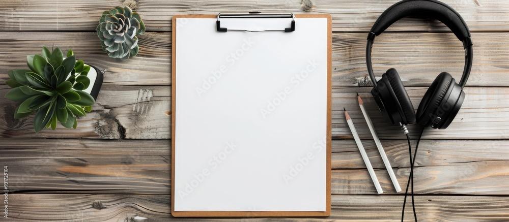 Poster clipboard with blank white paper letterhead pencil and headphones on a vintage wooden table backgrou