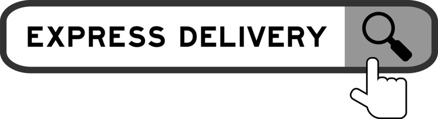 Search banner in word express delivery with hand over magnifier icon on white background