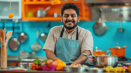 happy indian chef cooking food at kitchen