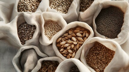 Obraz premium Assortment of Diverse Organic Grains and Seeds in Cloth Bags