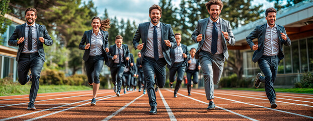 Young business people on a running track striving to succeed  in a race in achieving their goals