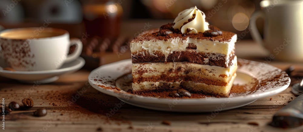 Poster Italian cake Tiramisu dessert made with coffee sponge cake mascarpone cheese and cocoa Room for text. with copy space image. Place for adding text or design