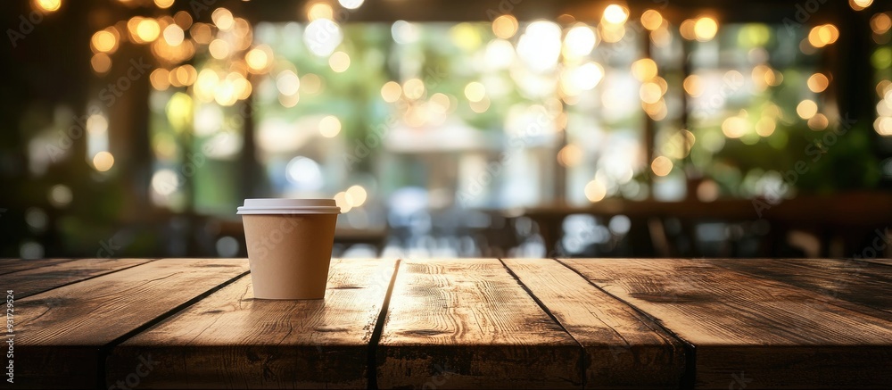 Poster Selected focus on an empty brown wooden table with a blurred coffee shop background featuring bokeh suitable for your photomontage or product display. with copy space image