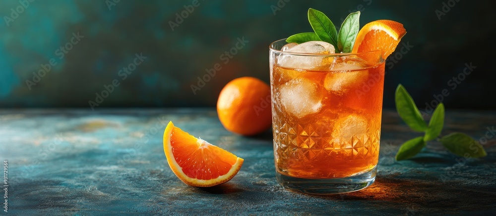 Fototapete a kombucha cocktail with ice and a slice of tangerine. with copy space image. place for adding text 