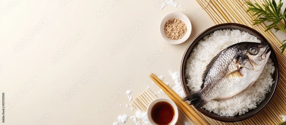 Poster Japanese cuisine sea bream and kombu rice. with copy space image. Place for adding text or design