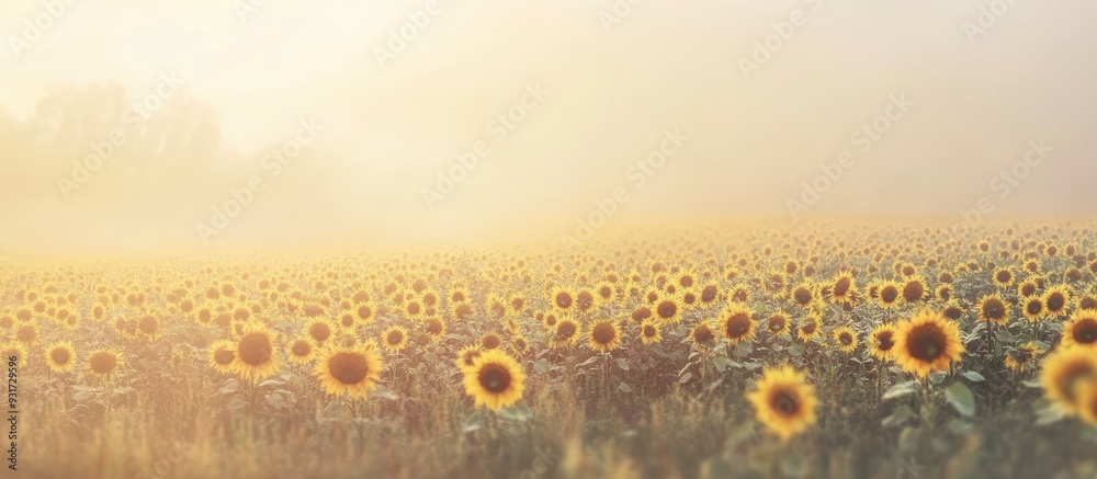 Poster Field of sunflowers in morning mist meadow shrouded in fog morning fog over the field. with copy space image. Place for adding text or design