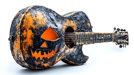 Broken guitar wrapped in Halloween mask with haunted expression, grunge style, isolated on white background