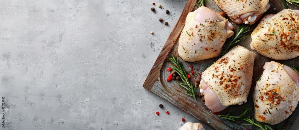 Poster fresh raw chicken thighs and legs on a cutting board with spices being prepared for cooking gray bac