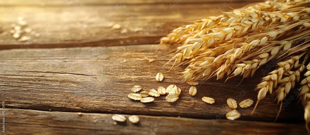 Poster oat grains on a wooden table oatmeal abundant harvest a nutritious fresh dry oat meal. with copy spa