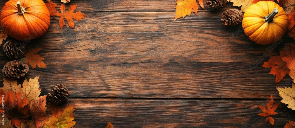 Fototapete autumn table arrangement on a wooden surface top view room for text. with copy space image. place fo