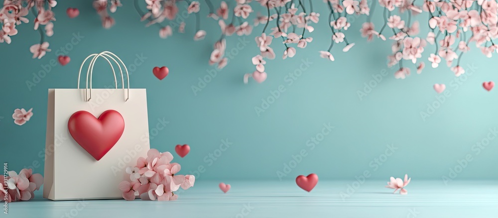 Aufkleber Valentine s Day backdrop featuring a shopping bag and a heart shape Theme of love and weddings. with copy space image. Place for adding text or design