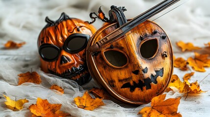 Broken violin strings with Halloween party masks, eerie atmosphere, high detail, photorealistic, isolated on white background