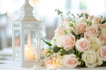 A delicate lantern surrounded by pastel roses and greenery creates a romantic atmosphere for a wedding reception, enhancing the elegant table setting.