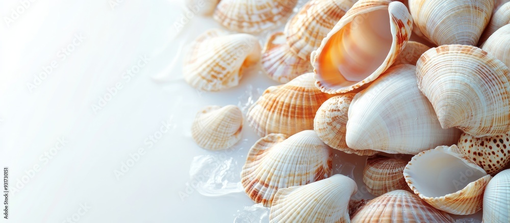 Poster Close up image of sea shells set against a white background. with copy space image. Place for adding text or design