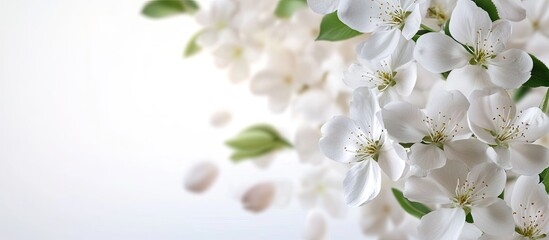 Fototapeta premium Spring blossoms Spring white flower border design background with copy space