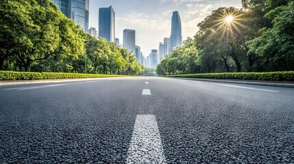 Empty asphalt road with modern skyscrapers in the background, sunlight illuminating a city street scene in an urban center during daylight. AI generated illustration